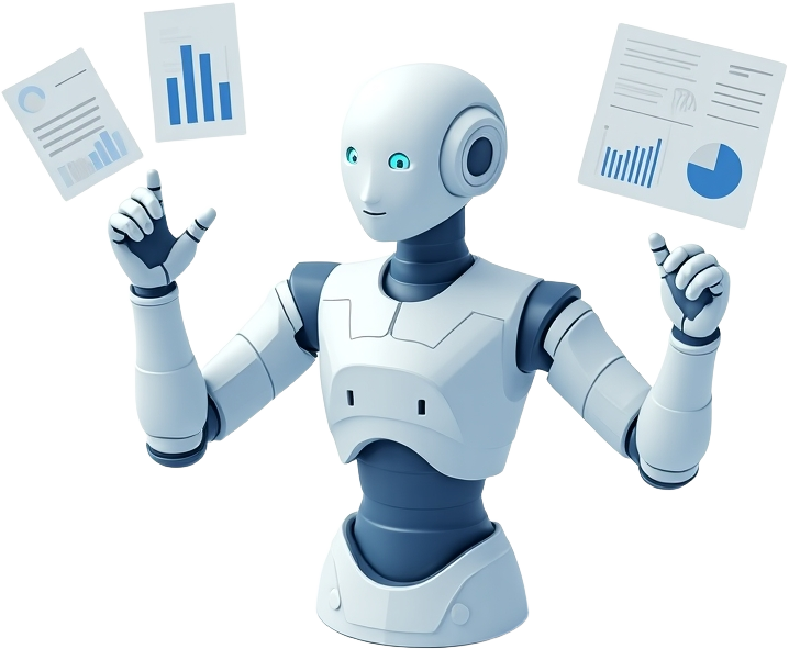 A friendly robot analyzes floating documents with graphs and charts. The setting is futuristic and clean, conveying a sense of efficiency and intelligence.