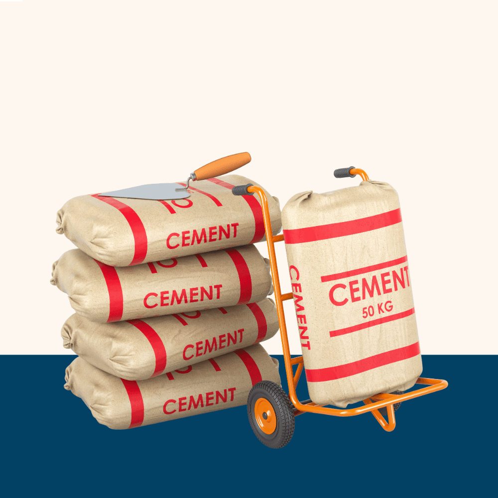 A stack of five cement bags labeled "50 KG" is on the left. A trowel rests on top. A hand truck on the right carries a single cement bag. Neutral background.