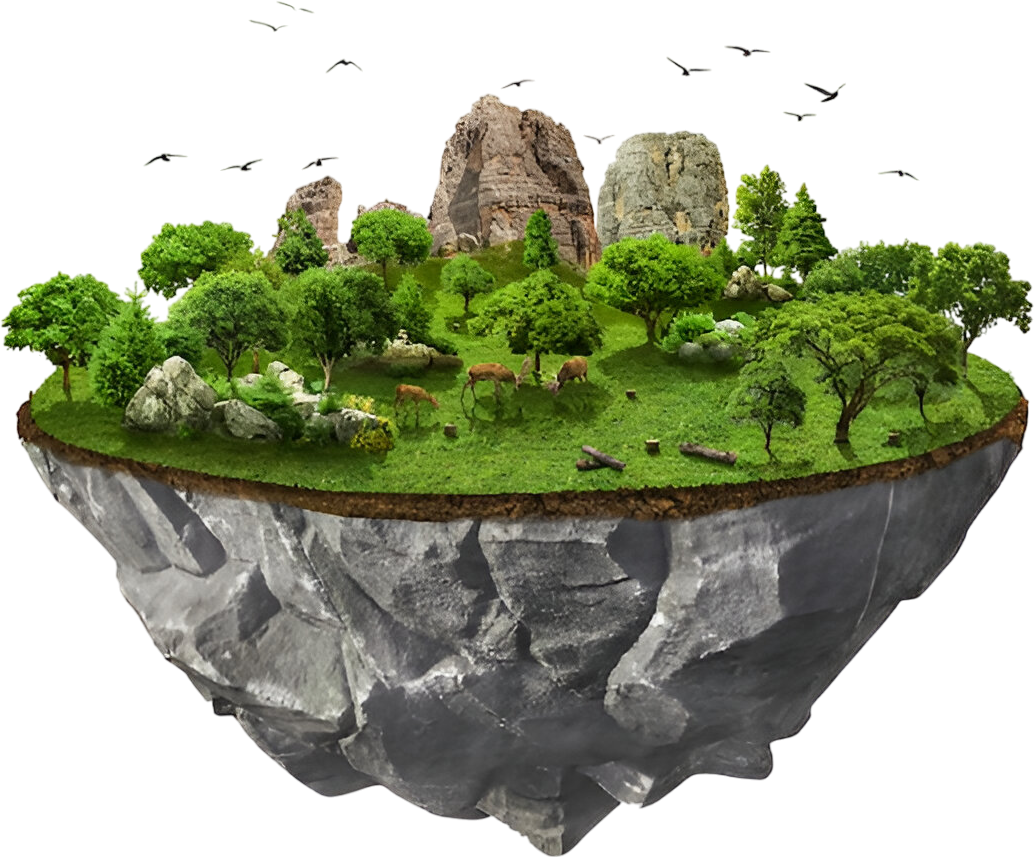 Floating island with lush green trees, rocky outcrops, and grazing deer. Birds soar above, evoking a serene, idyllic landscape.