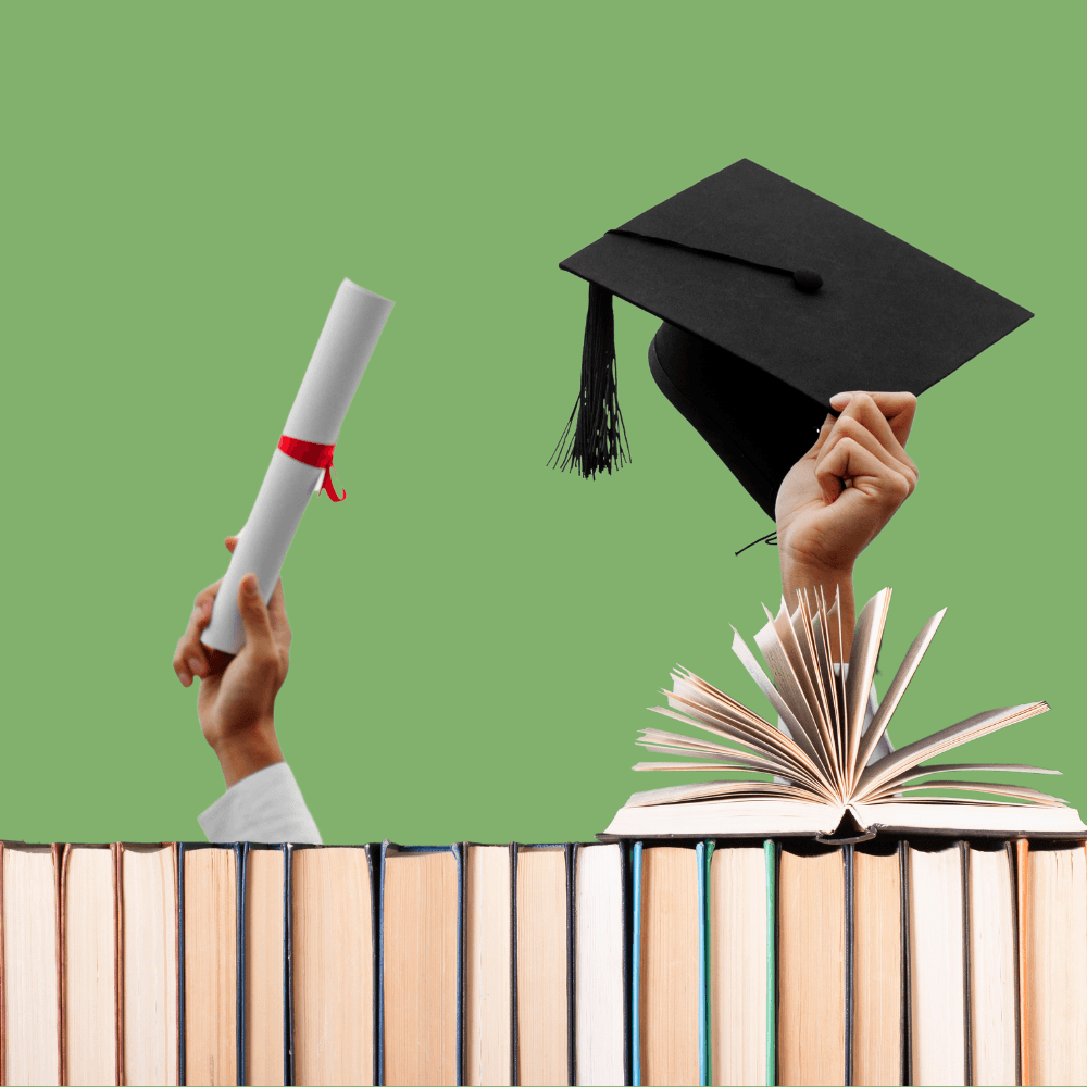 Hands hold a diploma and graduation cap above a stack of books, symbolizing education and achievement. Background is a solid green.
