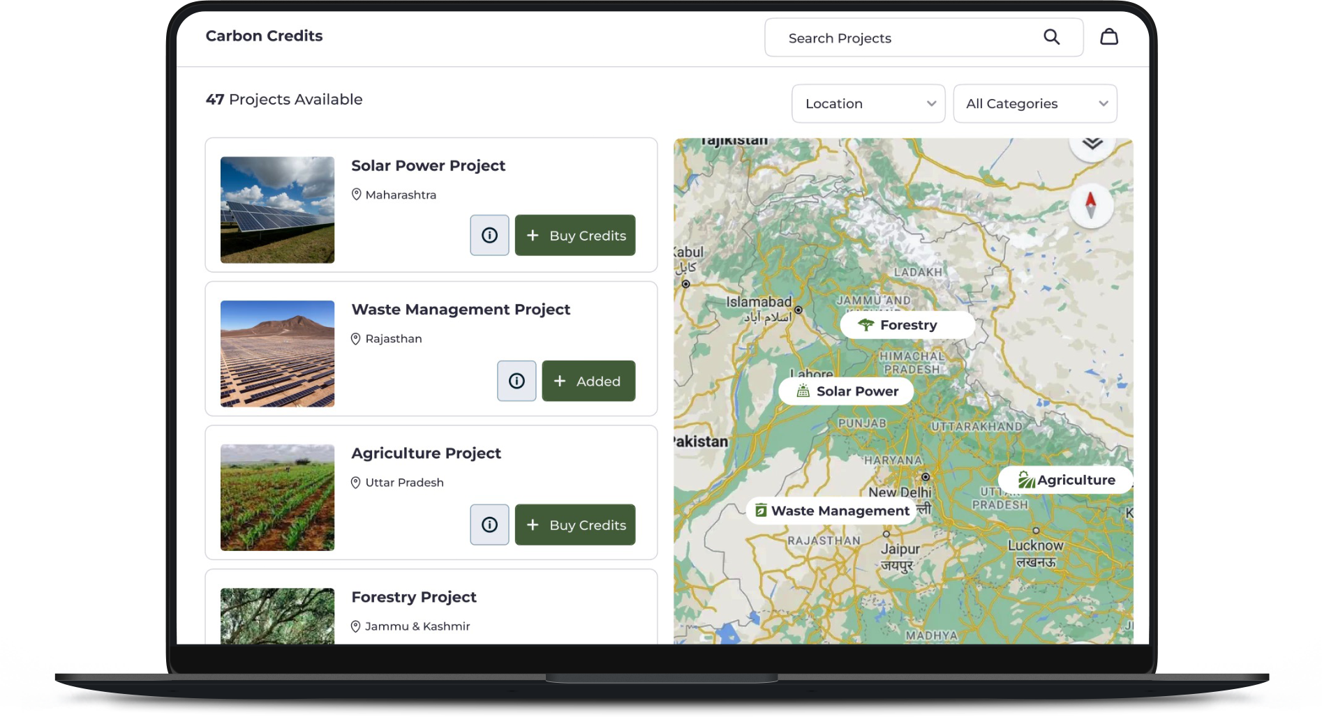 Laptop screen displaying a carbon credits platform. Left side lists projects like solar and waste management, right side shows project locations on a map.