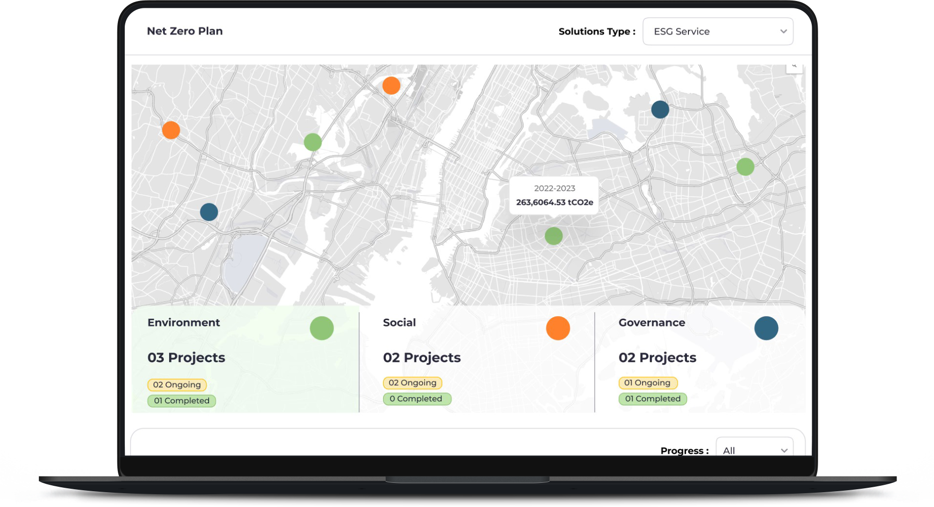 Laptop screen displaying a "Net Zero Plan" map with color-coded dots for Environment, Social, and Governance projects. Includes status details.