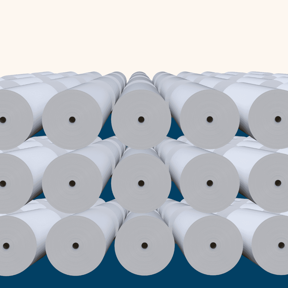 Stacked large rolls of white paper form a grid pattern against a blue background. The rolls' circular ends face forward, conveying a sense of order.