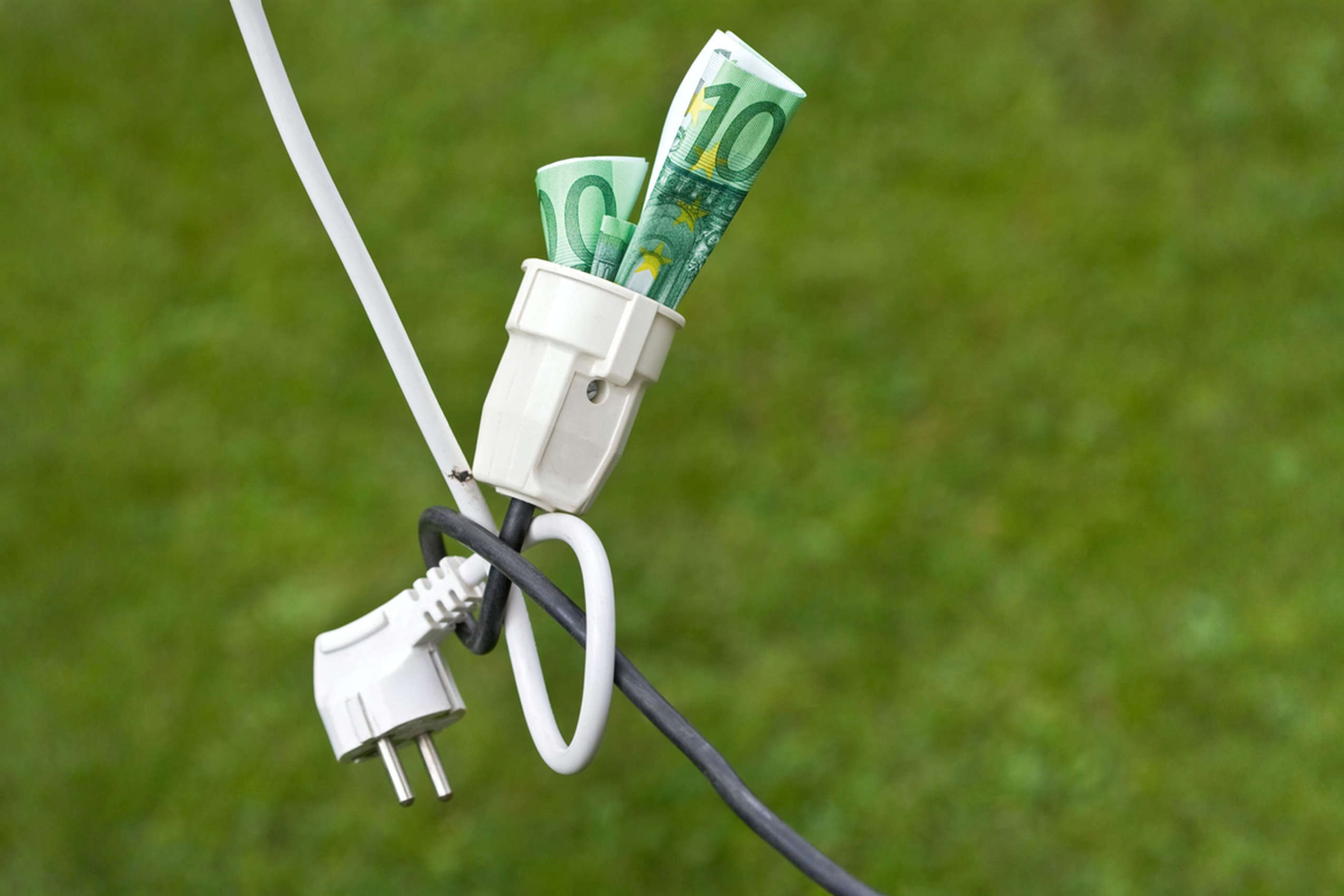 An electrical plug socket holds folded 10 euro notes, with cables looped around it. The background is blurred green grass, conveying a concept of energy cost.