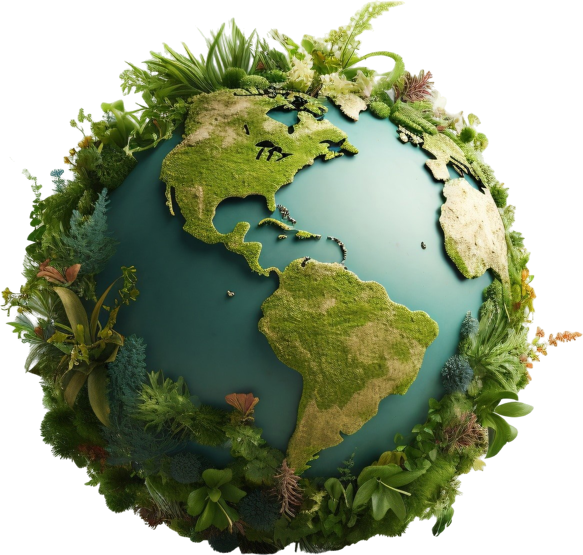 A globe with continents made of green foliage and flowers, symbolizing nature and environmental harmony. Earth tones convey a sense of tranquility.