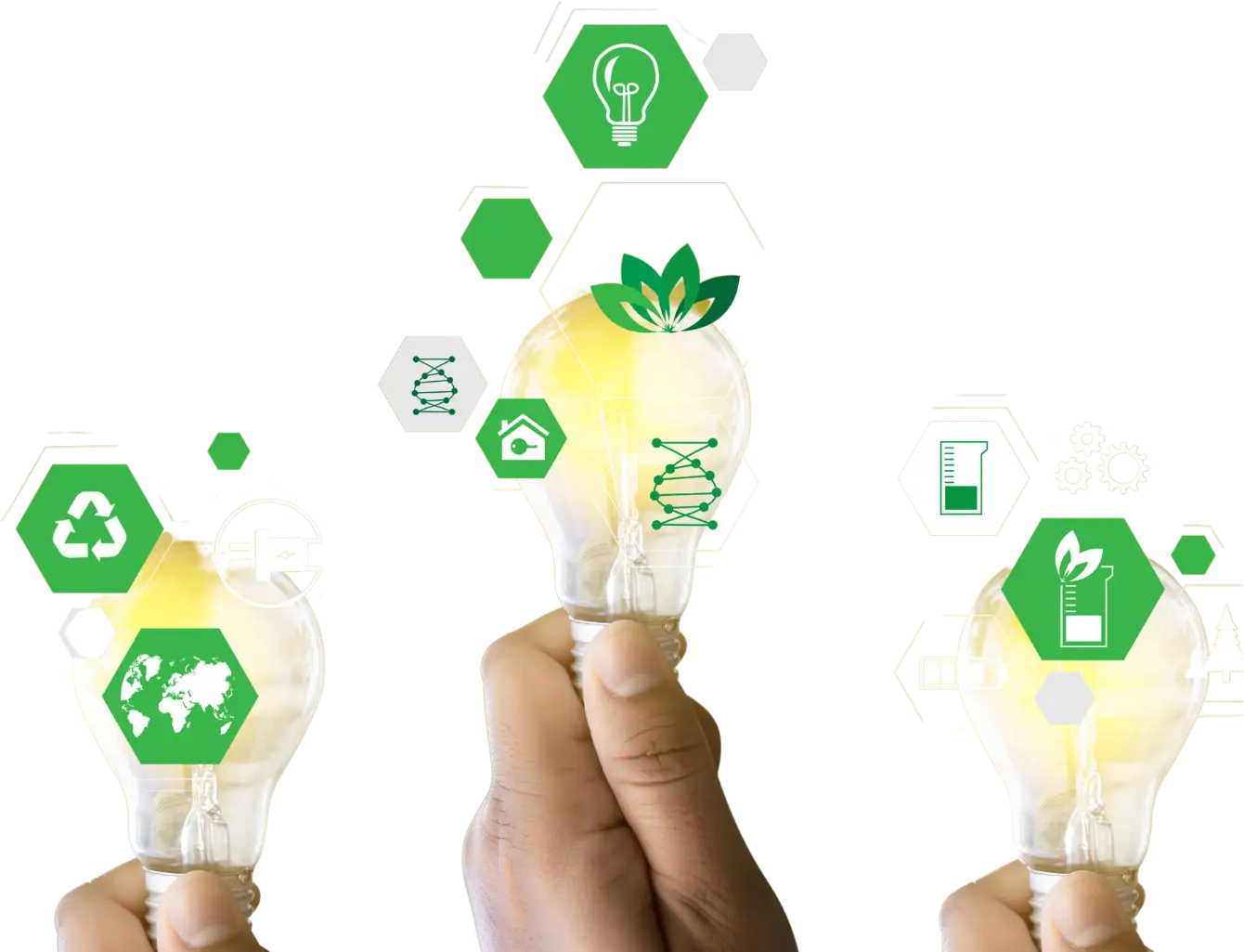 A hand lifts a light bulb, with green and white icons symbolizing sustainability and eco-friendly ideas.