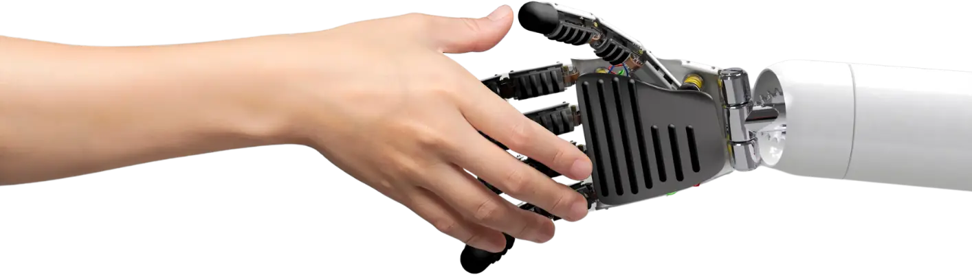 A robotic hand extending to shake another robotic hand in a gesture of greeting or agreement.