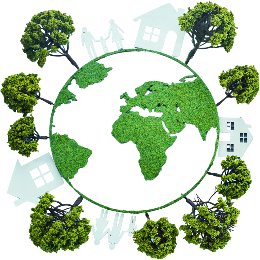A green Earth surrounded by trees and diverse people, symbolizing unity and environmental awareness.