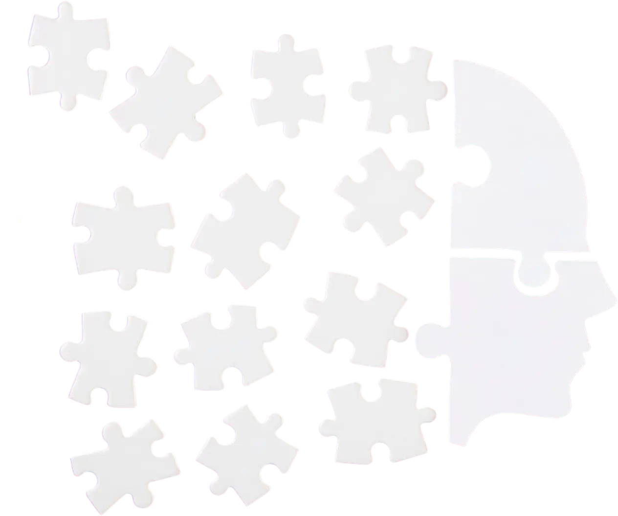 A white puzzle piece shaped like a human head, symbolizing problem-solving or mental challenges.