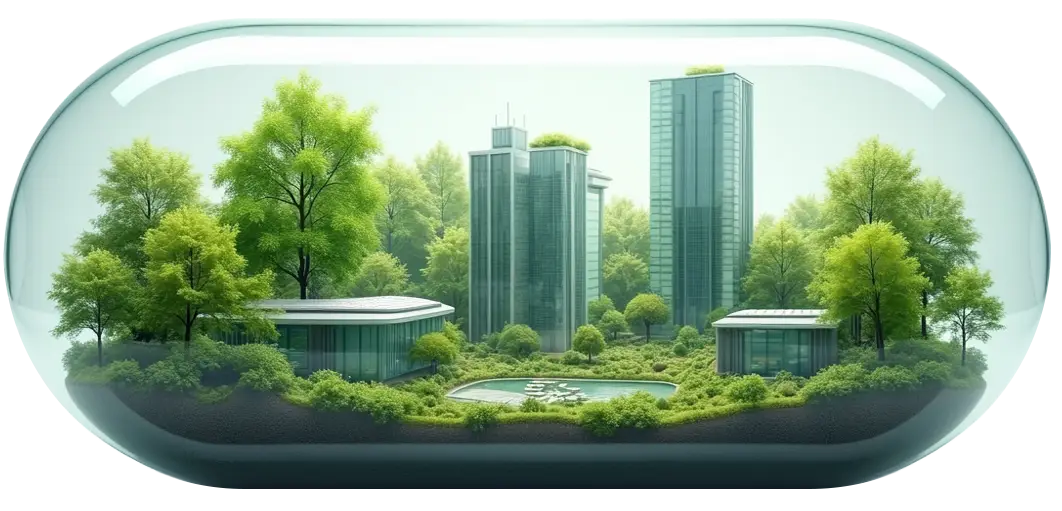 A transparent glass sphere featuring a detailed city with trees, symbolizing harmony between urban life and nature.
