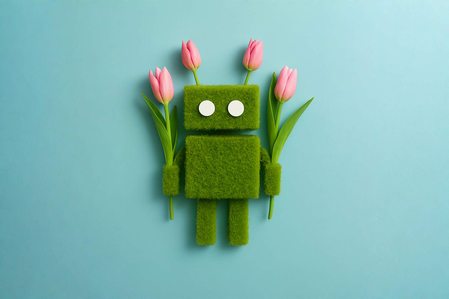 A cheerful robot adorned with colorful flowers against a bright blue background.