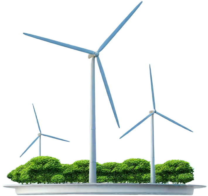 A tabletop scene featuring miniature wind turbines and trees, symbolizing renewable energy and nature.