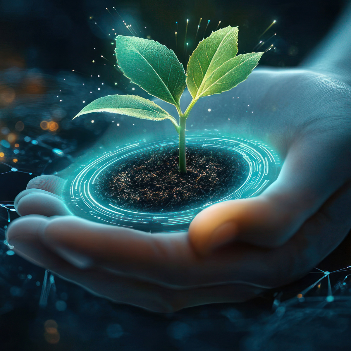 Green plant held in hand, symbolizing a blend of nature and futuristic technology concepts.